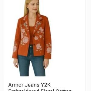 Armor Jeans Y2K Orange Embroidered Floral 100% Cotton Blazer Jacket - M